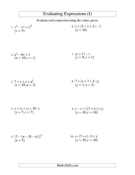 evaluating algebraic expressions worksheet with answers